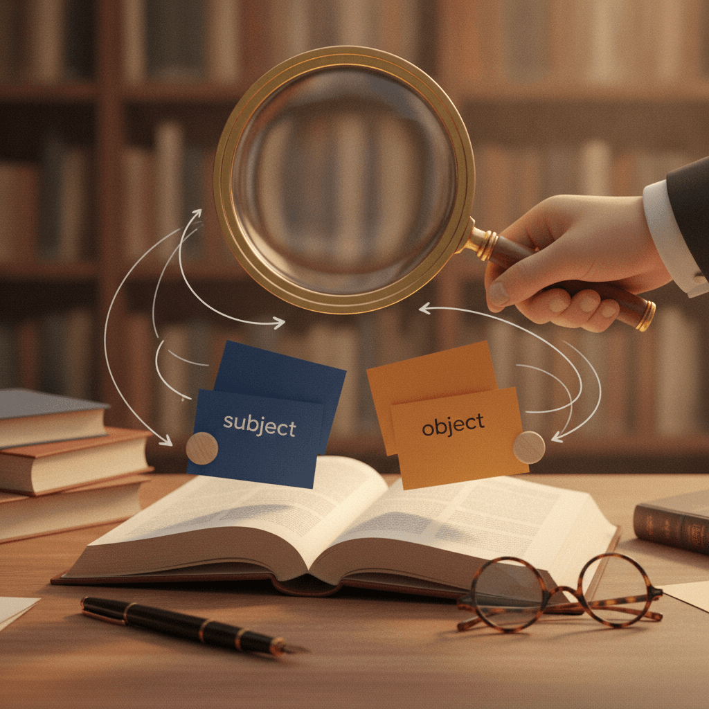 Ilustração editorial de mesa de estudos com livro, caneta, lupa e cartões coloridos que representam sujeito (azul) e objeto (laranja), com uma mão ajustando um cartão.