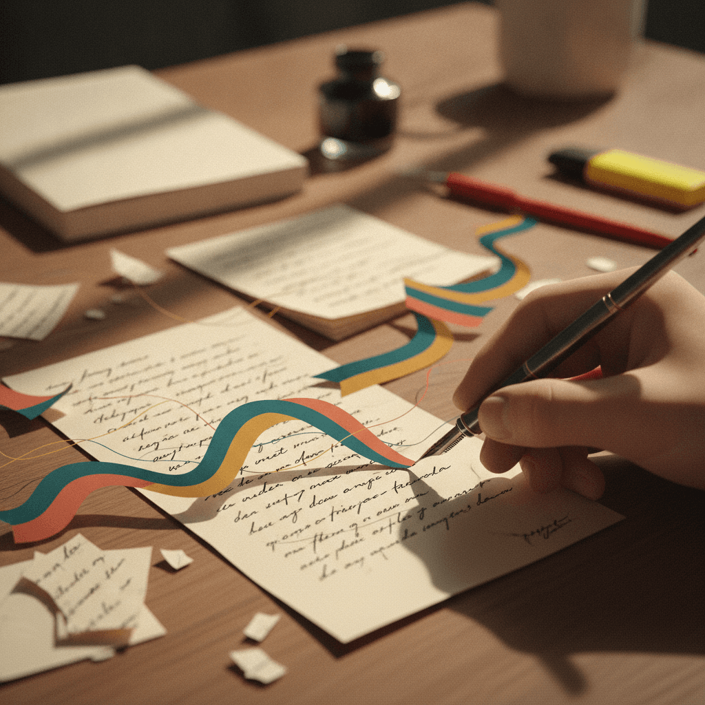 Mão escrevendo com caneta-tinteiro que desenha fitas coloridas ligando pedaços de papel, simbolizando conectivos que unem parágrafos.