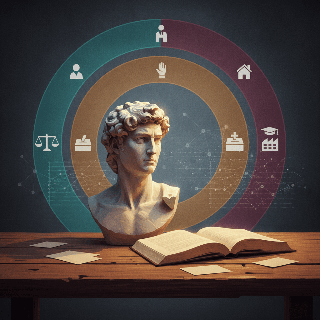 Ilustração editorial: busto acadêmico com anéis coloridos representando direitos civis, políticos e sociais, ícones simbólicos e livro aberto.