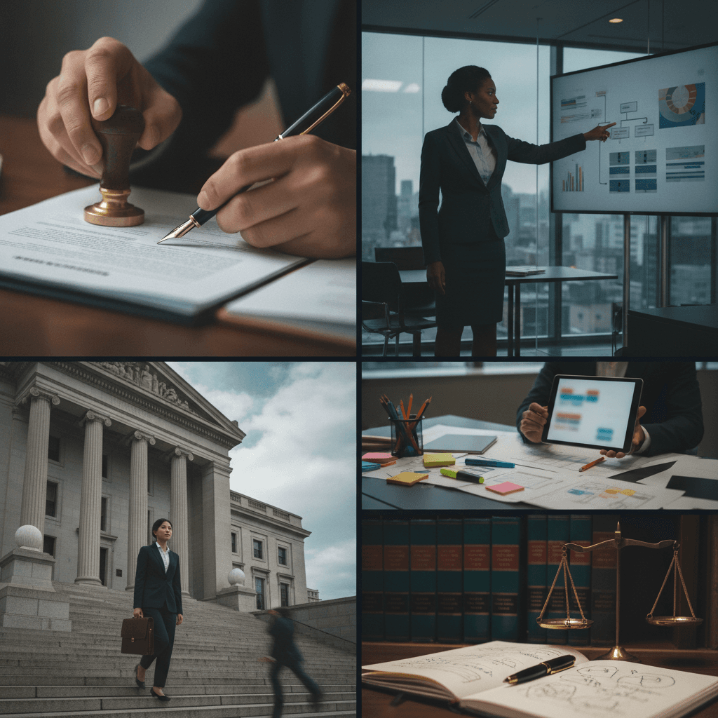 Montagem editorial mostrando profissionais do Direito em roteiros fora do tribunal: contrato, escritório corporativo, legaltech, prédio público e livros jurídicos.