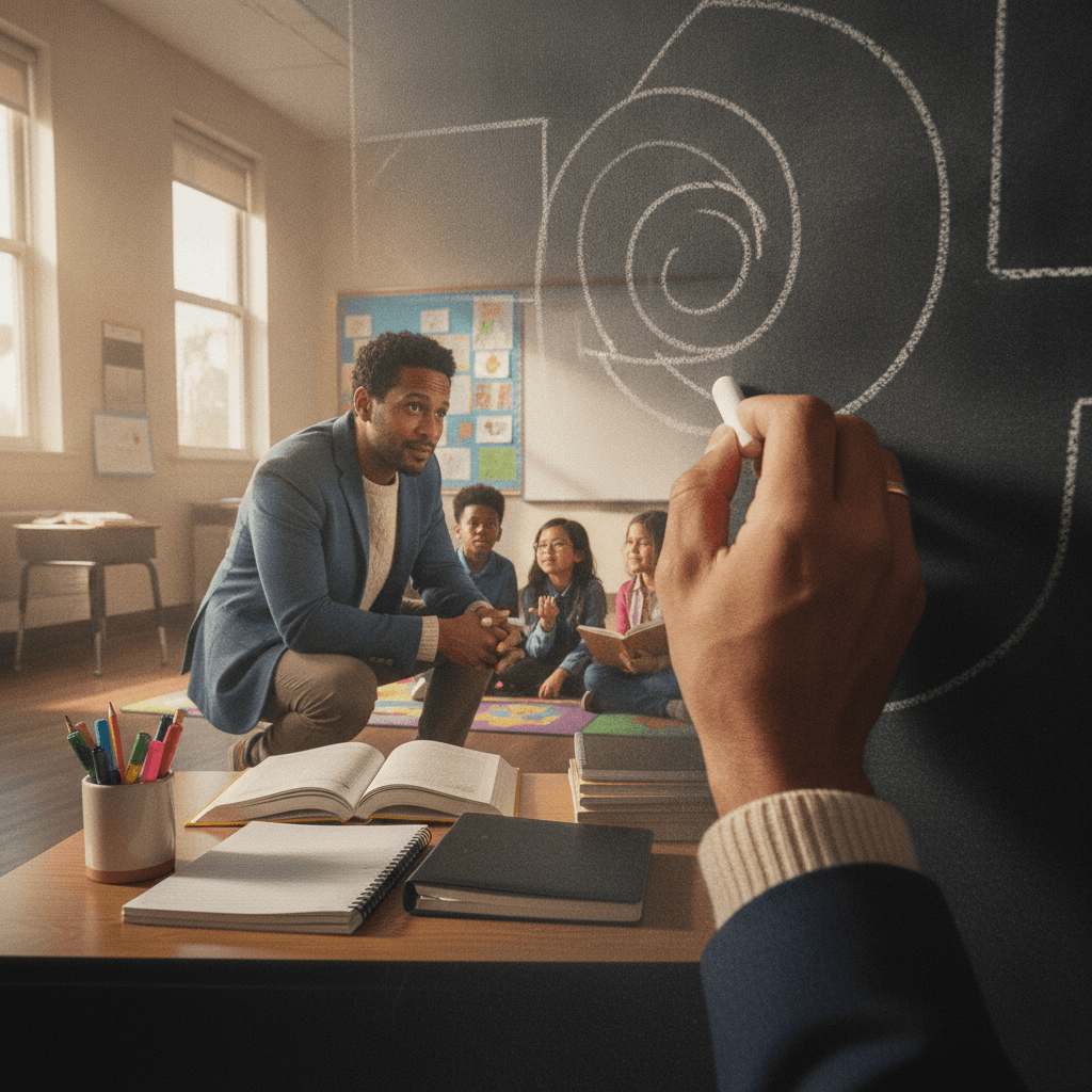 Docente em sala de aula: close na mão escrevendo no quadro, interação com alunos e sala vazia ao fundo — imagem editorial sobre avaliar se a docência é para você.