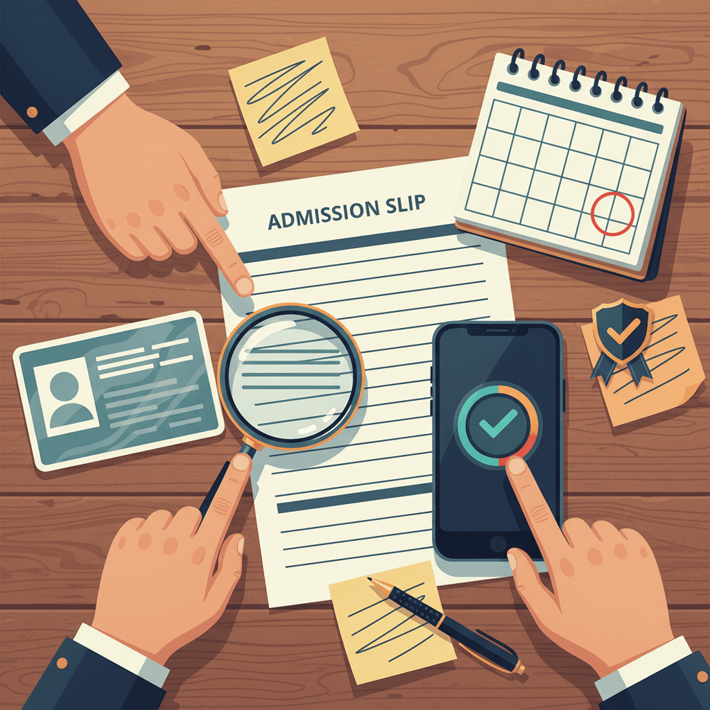 Mãos revisando inscrição do Enem: documento, lupa, celular e calendário destacado.