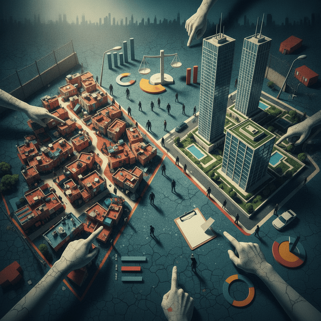 Ilustração editorial de mapa urbano com favelas e prédios, silhuetas humanas, mãos apontando, símbolos de policiamento e documentos que representam violência urbana, desigualdade e políticas públicas.