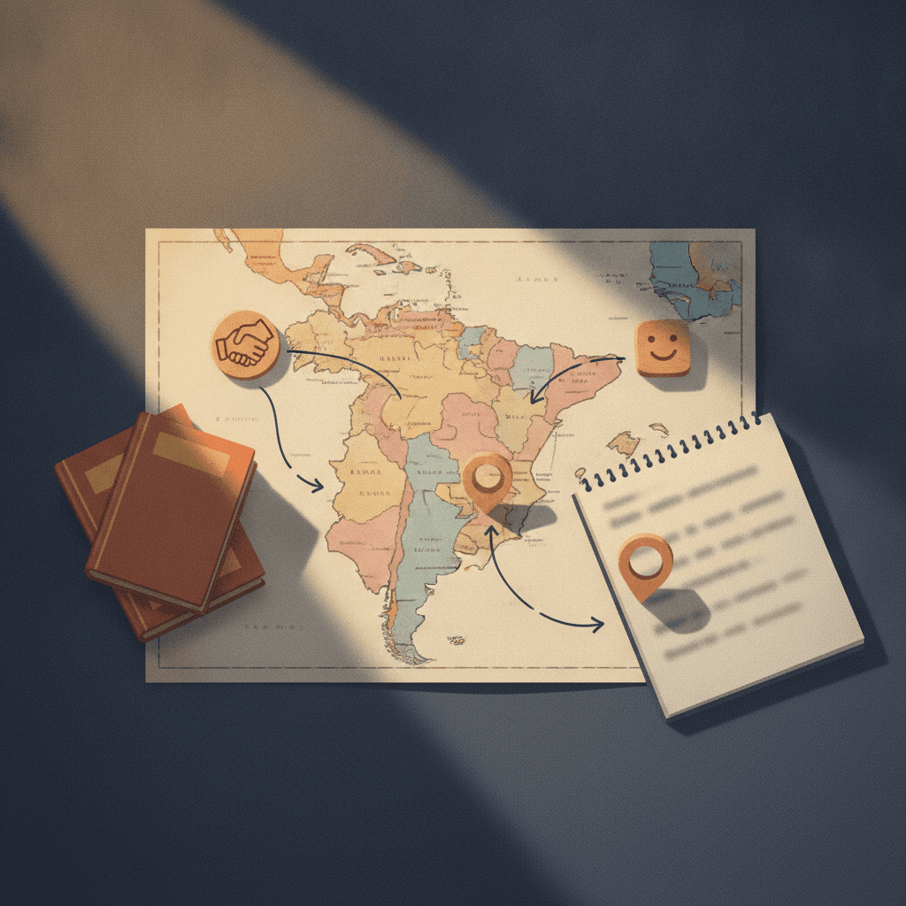 Ilustração editorial de mesa de estudo com mapa de Espanha/América Latina, livros sem texto, fichas com ícones de tratamento formal/informal e um pin sobre a região do voseo.
