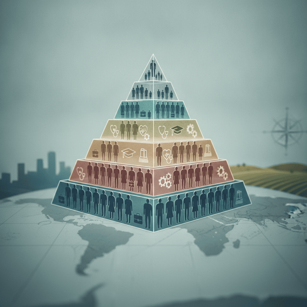 Ilustração editorial de pirâmide etária com camadas de silhuetas humanas e ícones de trabalho, educação e saúde sobre um mapa estilizado.