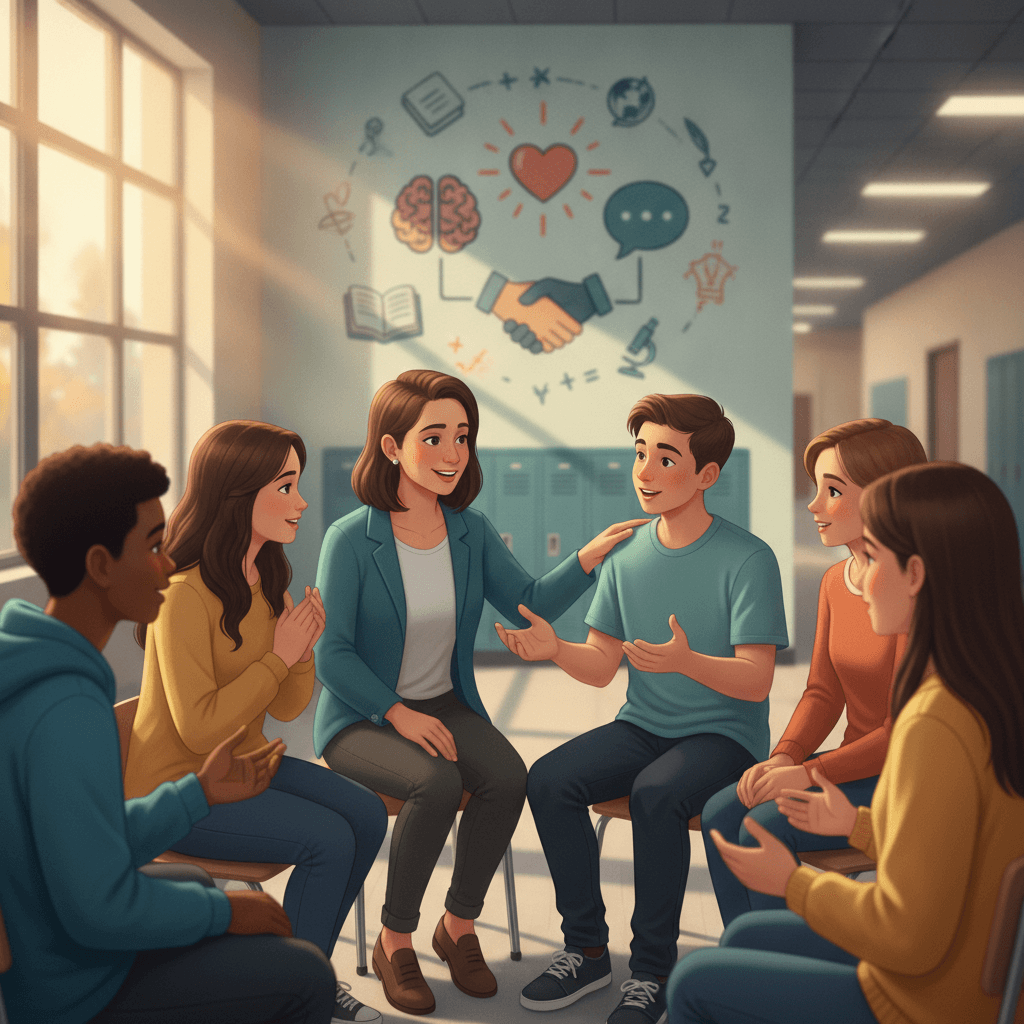 Ilustração editorial de alunos e professora em roda na escola discutindo saúde mental, com ícones simbólicos de cérebro, coração e balões de fala ao fundo.