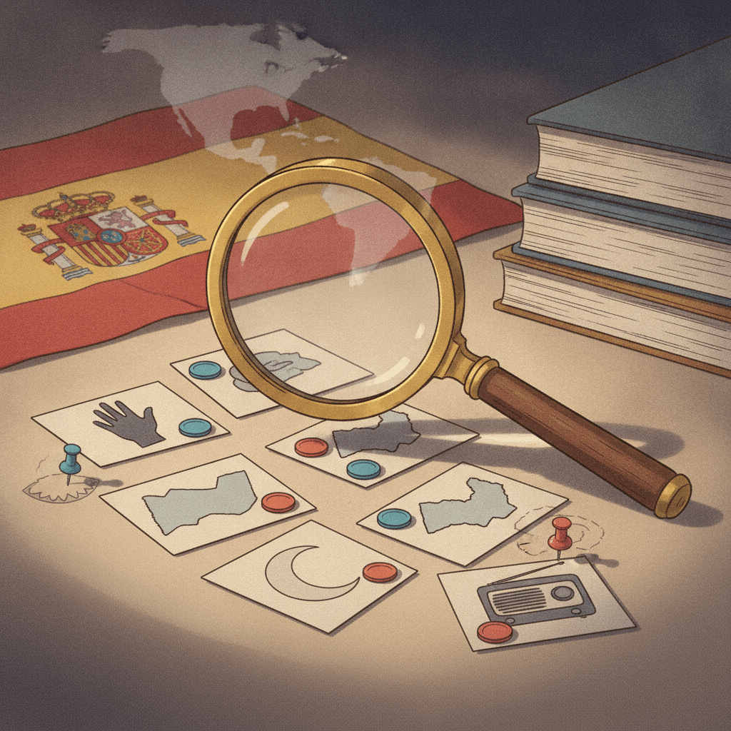 Lupa sobre cartões com pictogramas de substantivos em espanhol e fichas de gênero coloridas, alguns com marcação invertida para indicar heterogenéricos; bandeira espanhola e mapa desfocados ao fundo.