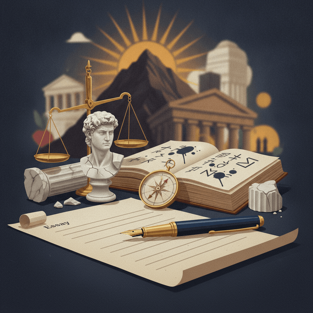Ilustração editorial: caneta sobre folha de redação em branco, livro filosófico aberto sem texto, busto clássico rachado, balança e bússola moral, com montanha estilizada ao fundo.