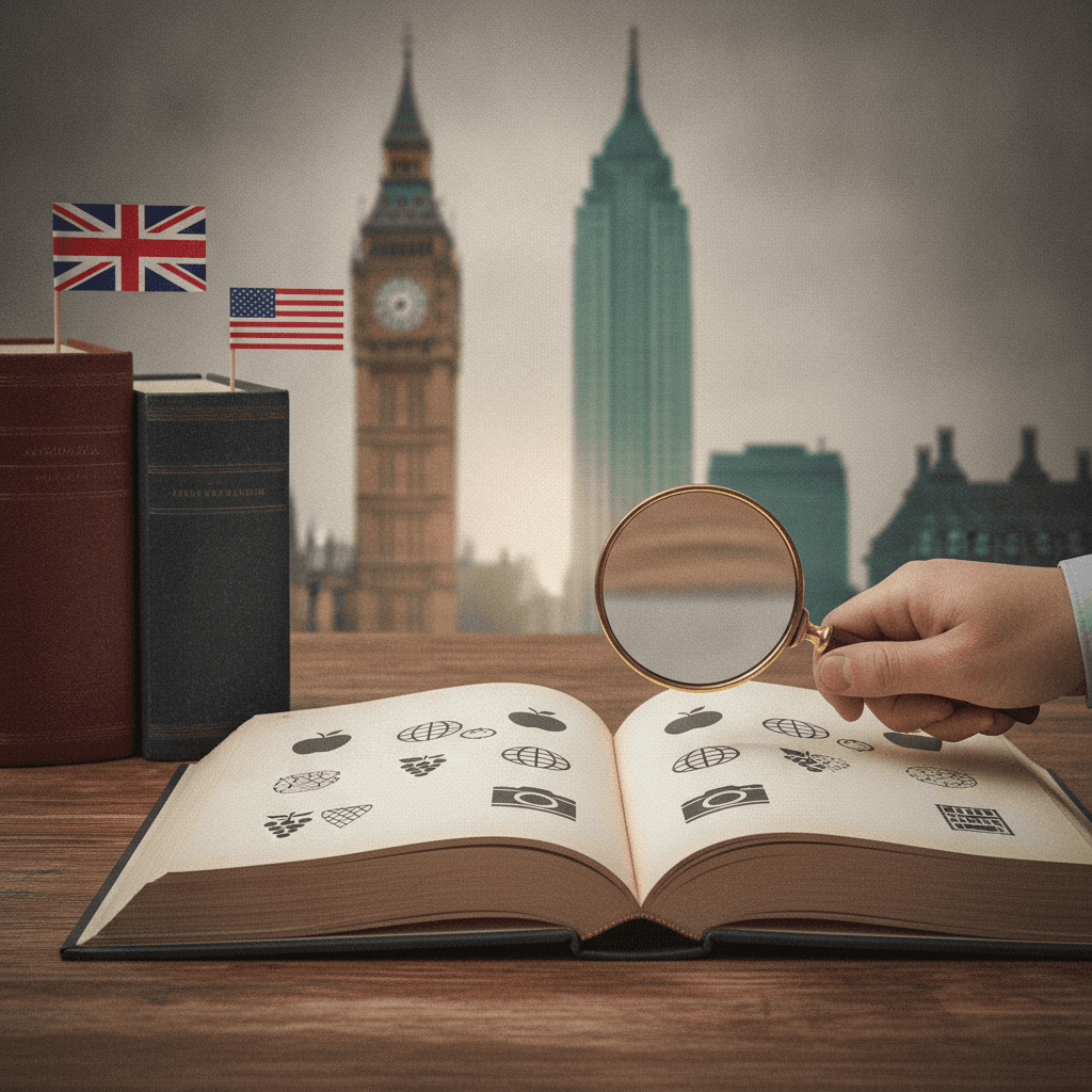 Livros com bandeiras do Reino Unido e EUA, lupa destacando ícones semelhantes que representam cognatos e um pequeno símbolo de armadilha indicando falsos cognatos.