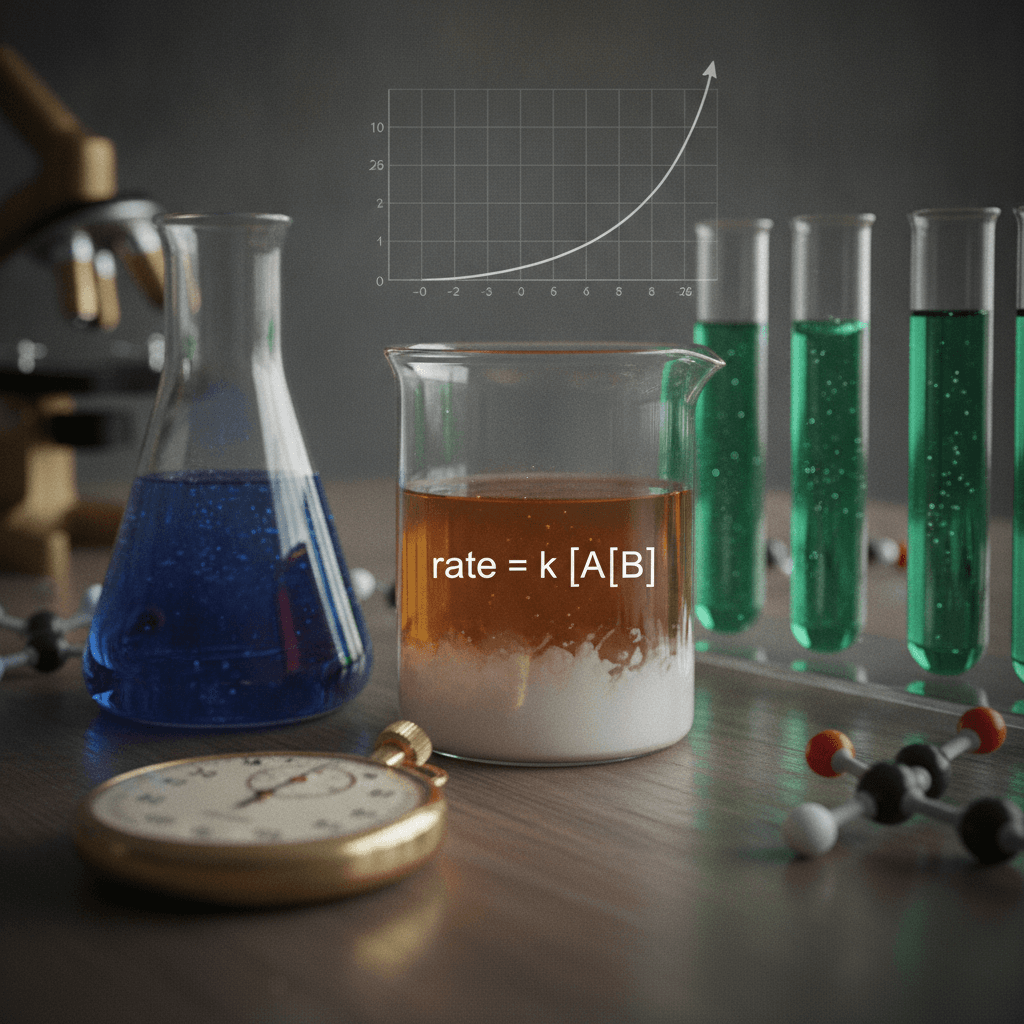 Bancada de química ilustrada com frascos reagindo, cronômetro, modelos moleculares e gráfico de velocidade de reação.