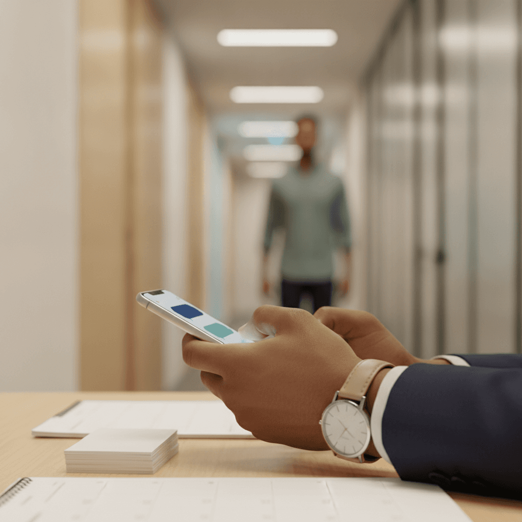 Close-up de mão enviando mensagem em smartphone com tela desfocada e segundo profissional ao fundo em corredor de escritório, representando follow-up profissional sem insistência.