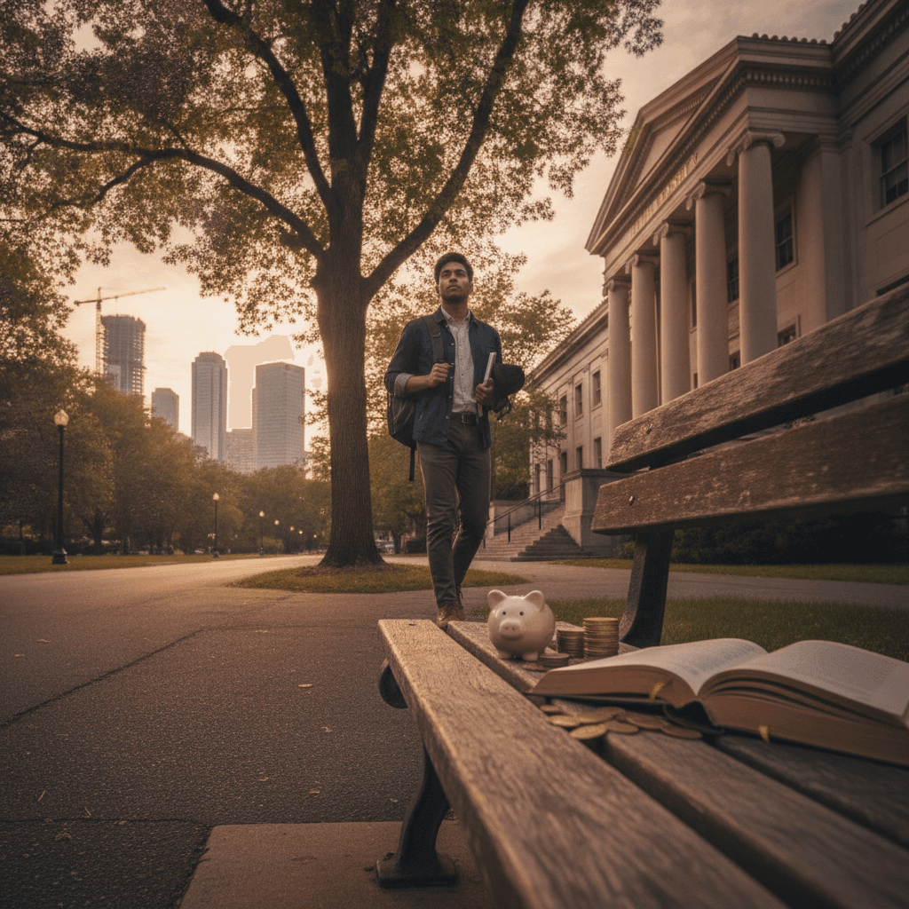 Estudante caminhand o em campus ao pôr do sol, com cofrinho, moedas e livro em um banco simbolizando a faculdade como investimento de longo prazo.