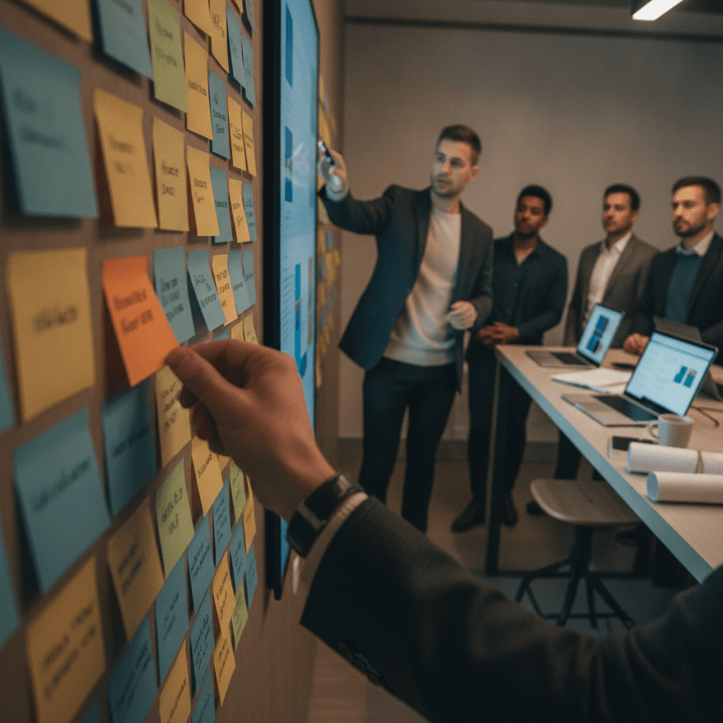 Coordenador de projetos liderando equipe em pé diante de quadro Kanban com mãos movendo cartões e tela borrada ao fundo.