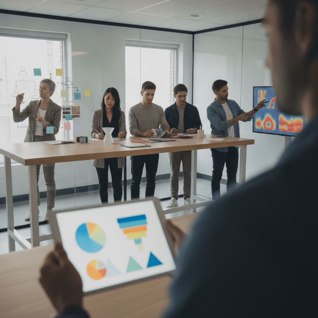Equipe de marketing em ambiente de trabalho real, com telas de gráficos abstratos, quadro de ideias e mockups de produto.