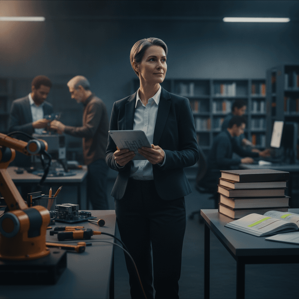 Profissional em ambiente de trabalho consultando materiais acadêmicos, mostrando pós-graduação sem abandonar a prática.