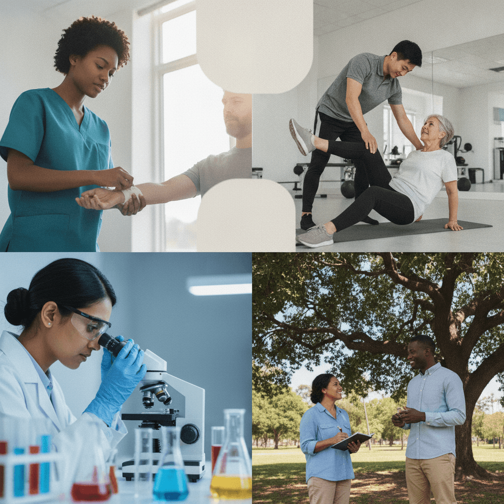 Montagem editorial com profissionais da saúde (enfermeira, fisioterapeuta, técnico de laboratório, agente comunitário) em ação em ambientes reais, expressões naturais.