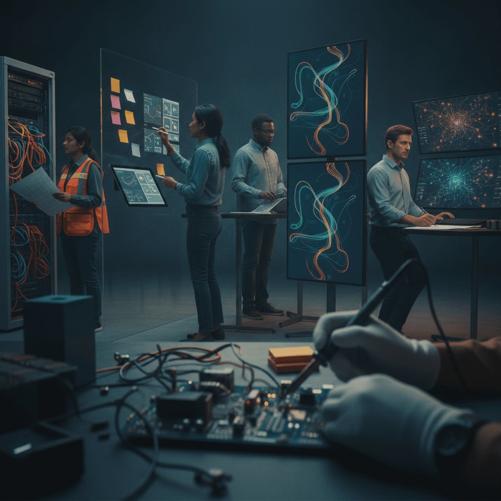 Ambiente de tecnologia mostrando várias trilhas profissionais: hardware, UX, dados, DevOps e segurança, com pessoas trabalhando de forma natural.