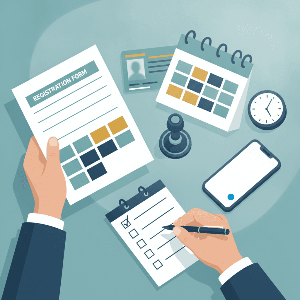 Mãos verificando formulário de inscrição, documento, calendário sem números e checklist — ilustração calma e instrutiva.