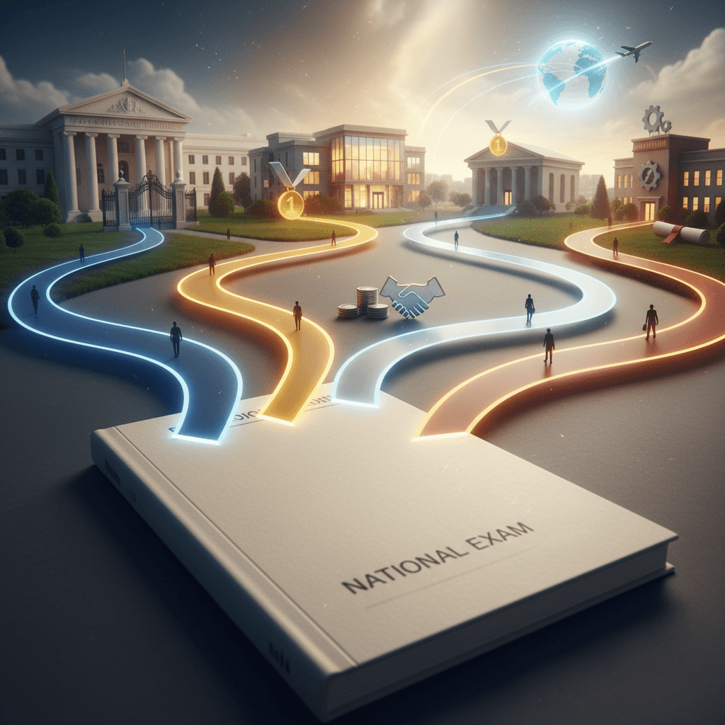 Ilustração editorial de uma cédula de prova em primeiro plano com cinco caminhos divergentes que levam a destinos do ensino superior: universidade pública, bolsa privada, financiamento estudantil, intercâmbio e cursos técnicos.
