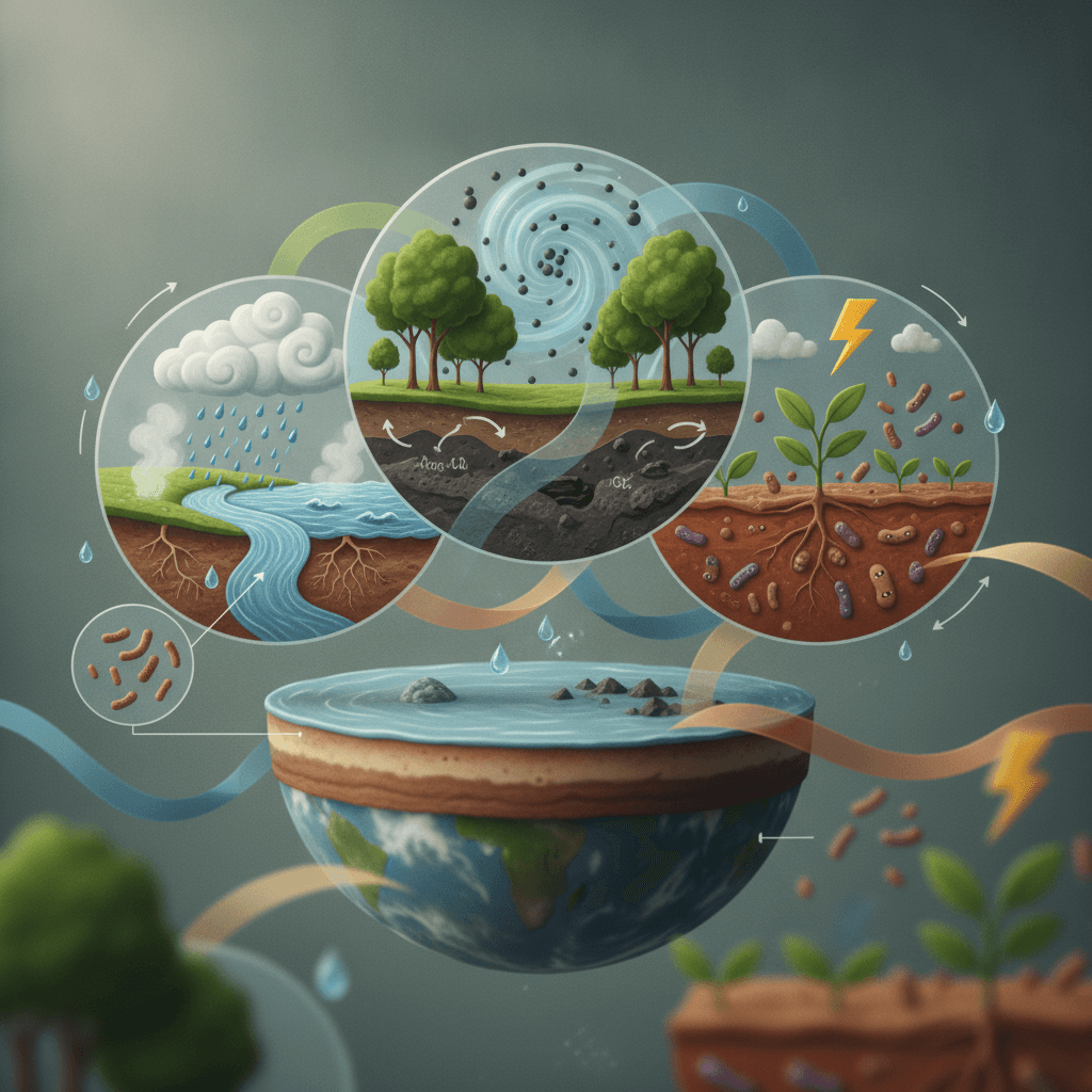 Ilustração editorial mostrando os ciclos da água, carbono e nitrogênio interligados sobre um corte do solo e atmosfera.