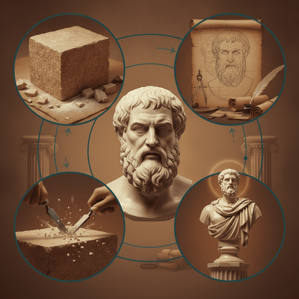 Ilustração editorial com busto à moda de Aristóteles e quatro vinhetas simbólicas das quatro causas: mármore, esboço, ferramenta em ação e estátua concluída.