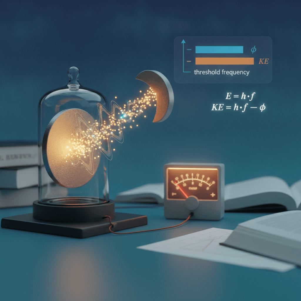 Ilustração editorial do efeito fotoelétrico: luz atingindo placa metálica e elétrons sendo emitidos, com as fórmulas E=hf e KE=hf−φ.