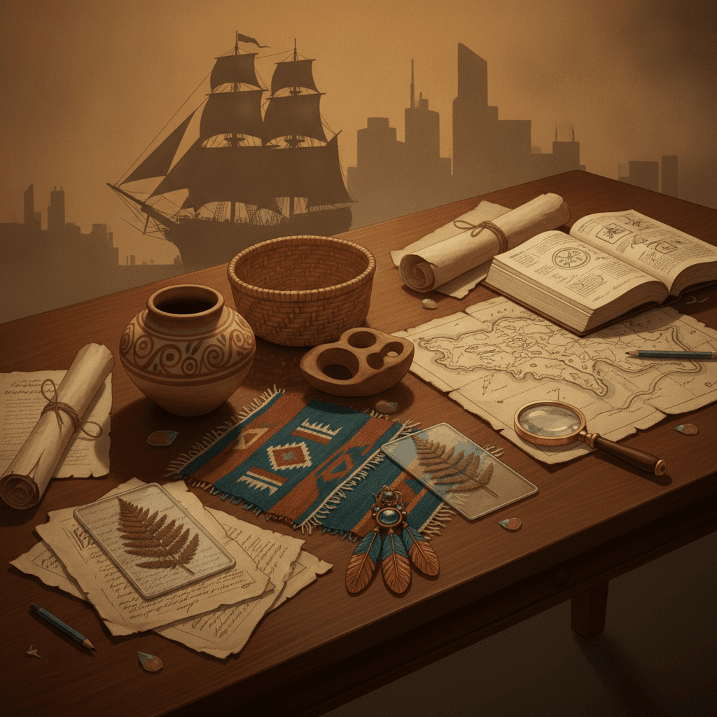 Mesa de pesquisa com artefatos indígenas (cerâmica, cestos, tecido), mapa antigo e documentos, representando diversidade histórica e conexões com a colonização.
