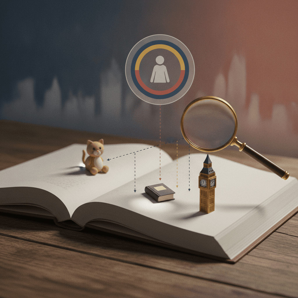 Ilustração editorial: lupa destaca antecedente em livro com miniaturas (gato, livro, Big Ben) ligadas por fios a um ícone de pronome; bandeira do Reino Unido desfocada ao fundo.