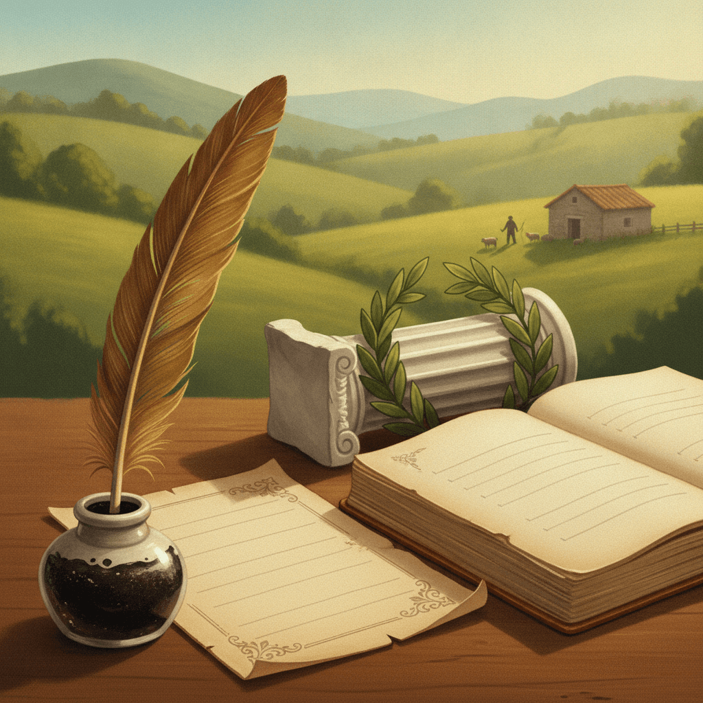Pena e pergaminho sobre livro antigo, coluna clássica e paisagem bucólica ao fundo representando o Arcadismo.