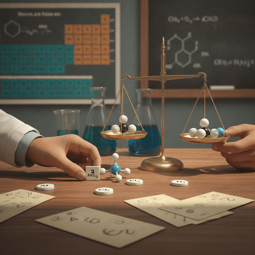 Mãos ajustando modelos moleculares e coeficientes em uma balança, com fórmulas químicas ao fundo — conceito de balanceamento por tentativas.