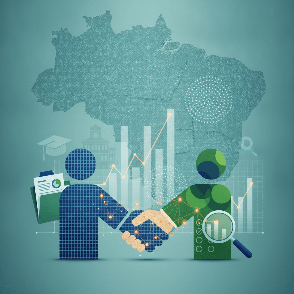 Ilustração editorial de dados sobre um mapa do Brasil, com gráficos e um aperto de mãos formado por pontos e linhas que simbolizam a parceria entre IBGE e Inep.