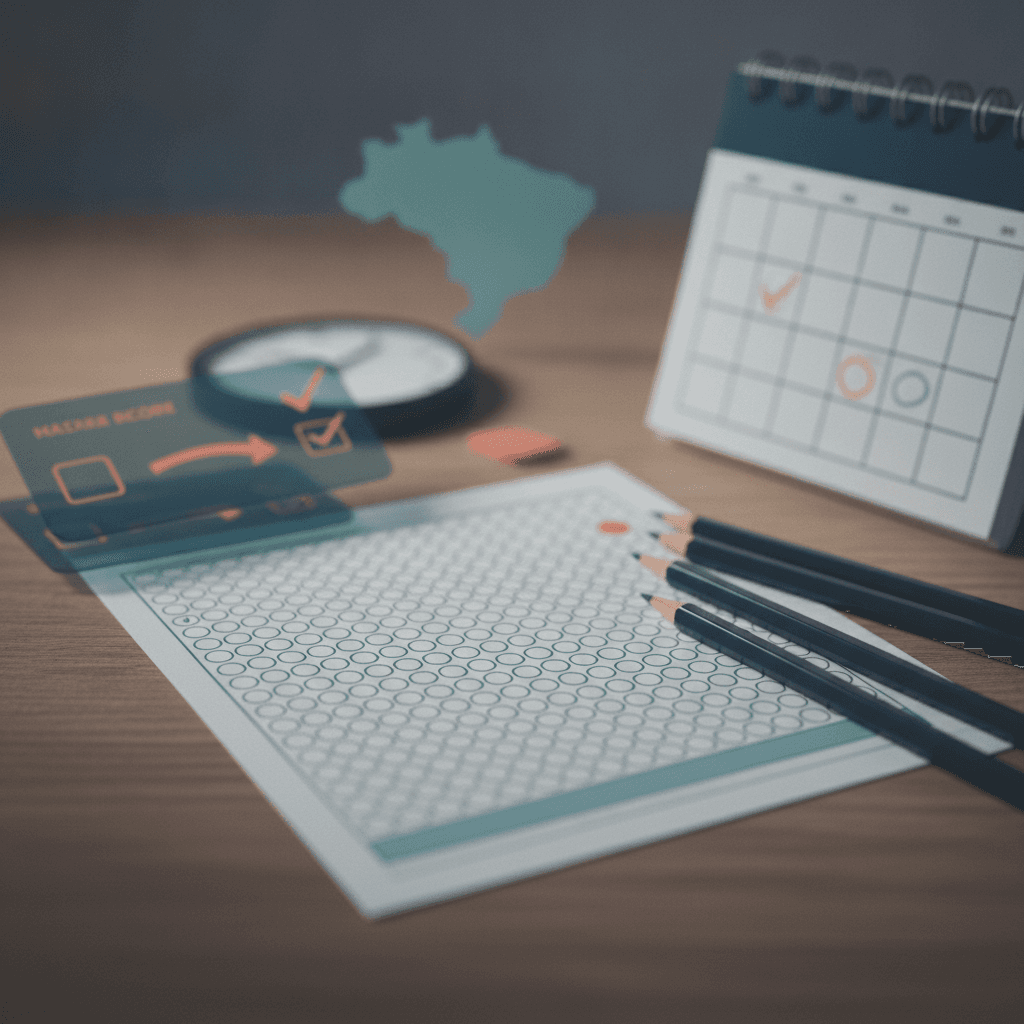 Ilustração editorial com gabarito de prova, lápis, calendário sem números e cartões sobrepostos indicando reaproveitamento de nota, com silhueta do Brasil ao fundo.