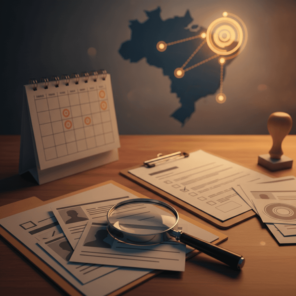 Ilustração editorial de mesa administrativa com pastas, perfis de professores, lupa e calendário destacado, mapa do Brasil ao fundo indicando adesão das redes à PND.