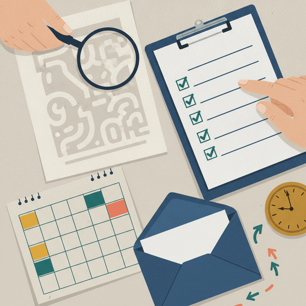 Mãos segurando formulário de isenção com lupa, calendário sem números destacado e checklist com marcas indicando próximos passos.