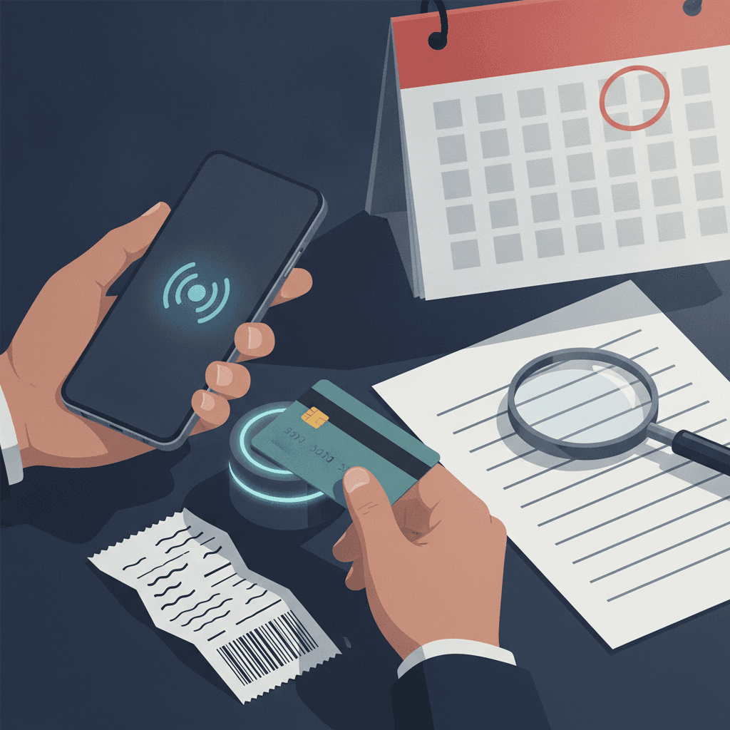 Ilustração editorial: pagamento da taxa do Enem com cartão e smartphone, calendário e lupa indicando checagem de prazo.