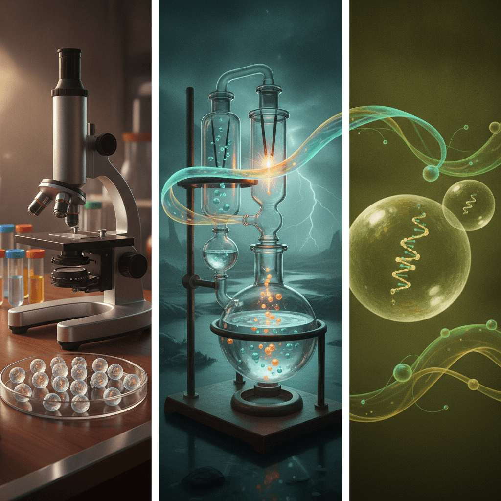 Ilustração editorial mostrando microscópio e células (biogênese), experimento tipo Miller‑Urey e mar primordial (abiogênese) e protocélula com RNA (evolução química).