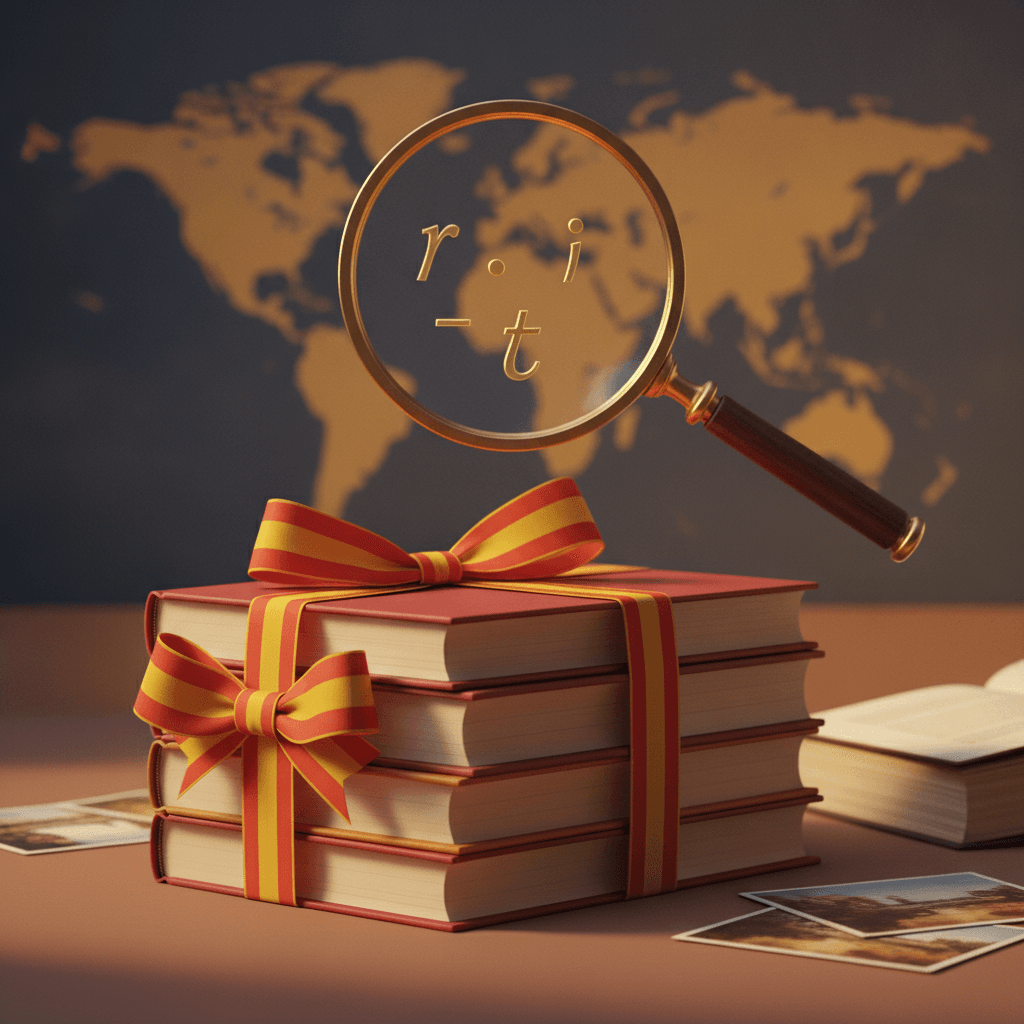 Ilustração editorial: lupa sobre livros e mapa da Espanha/América Latina com símbolos de acentuação destacados.