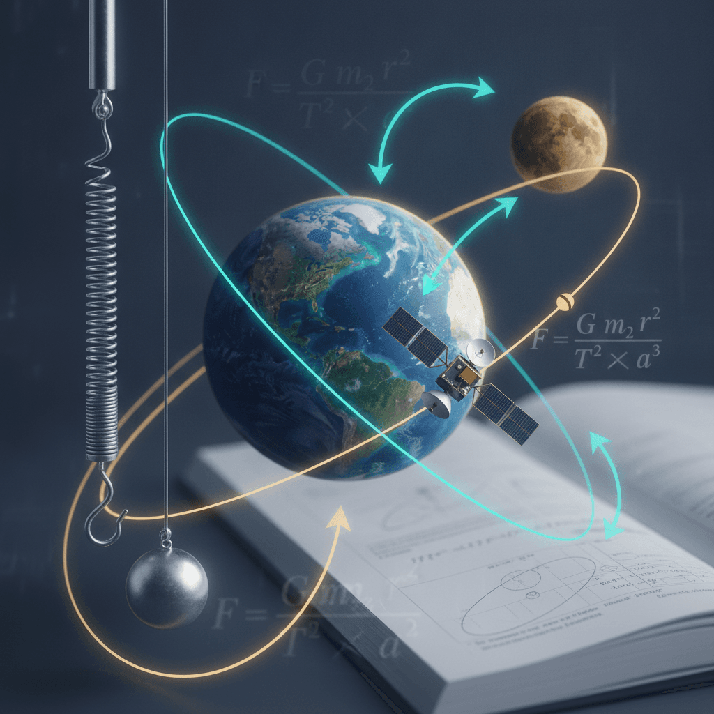 Ilustração editorial mostrando Terra com órbitas elípticas, satélite, vetores de força, fórmulas de Newton e Kepler e uma balança/pendulo indicando peso aparente.