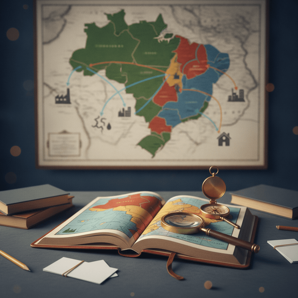 Atlas aberto com mapa do Brasil, linhas de migração internas e ícones de causas (fábrica, cidade, seca, casa), iluminação cinematográfica.