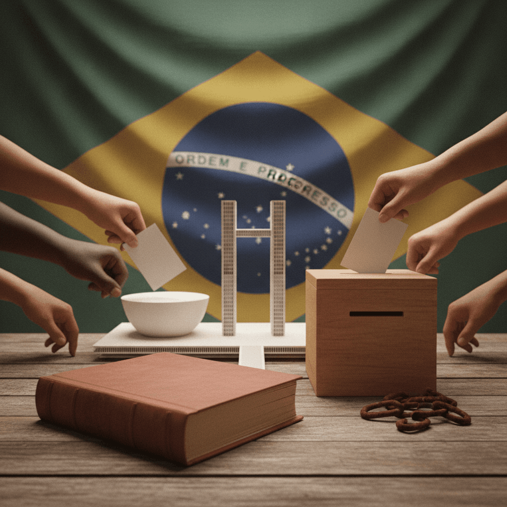 Livro jurídico sem texto, miniatura do Congresso Nacional, mãos inserindo voto em urna e correntes quebradas, simbolizando a Constituição de 1988 e a cidadania.