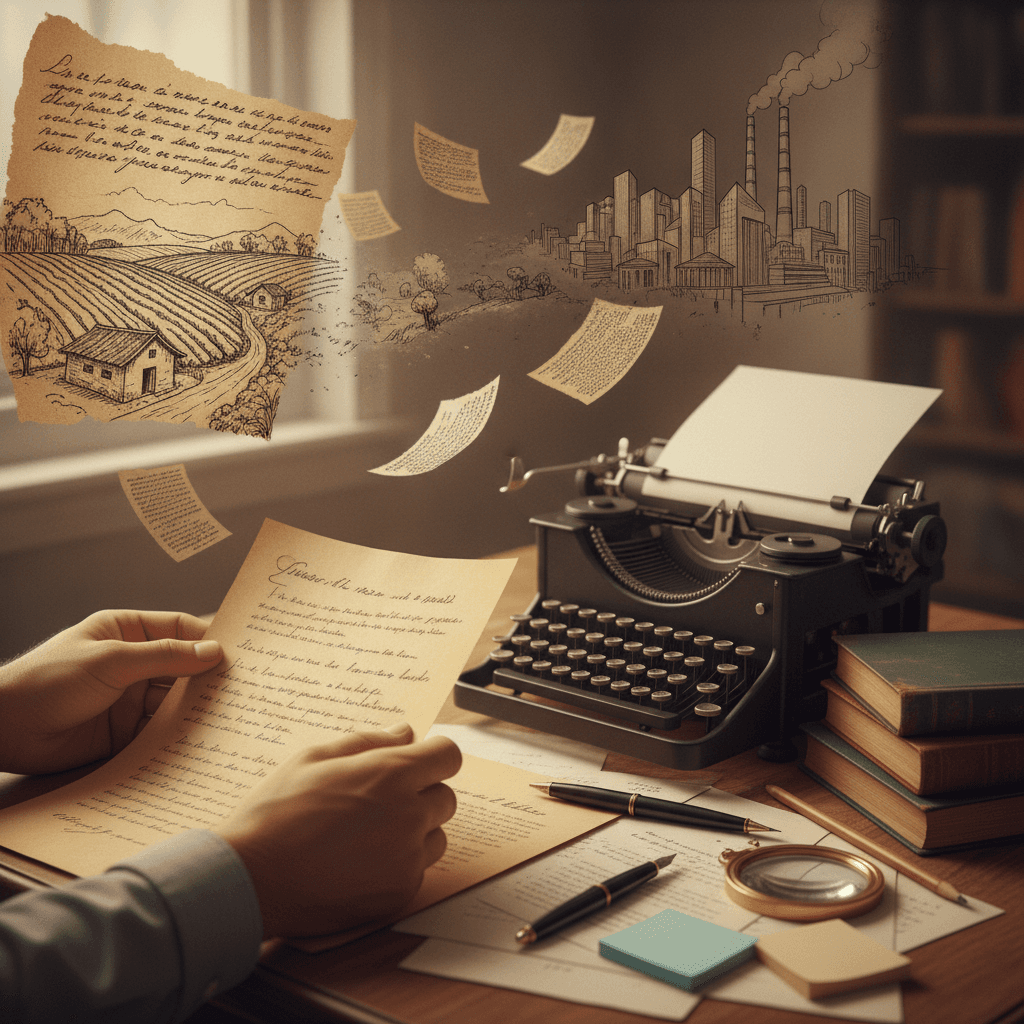 Mãos virando manuscrito antigo diante de máquina de escrever e livros; páginas flutuantes mudam de escrita para desenhos de campo e cidade, simbolizando o Pré-Modernismo.