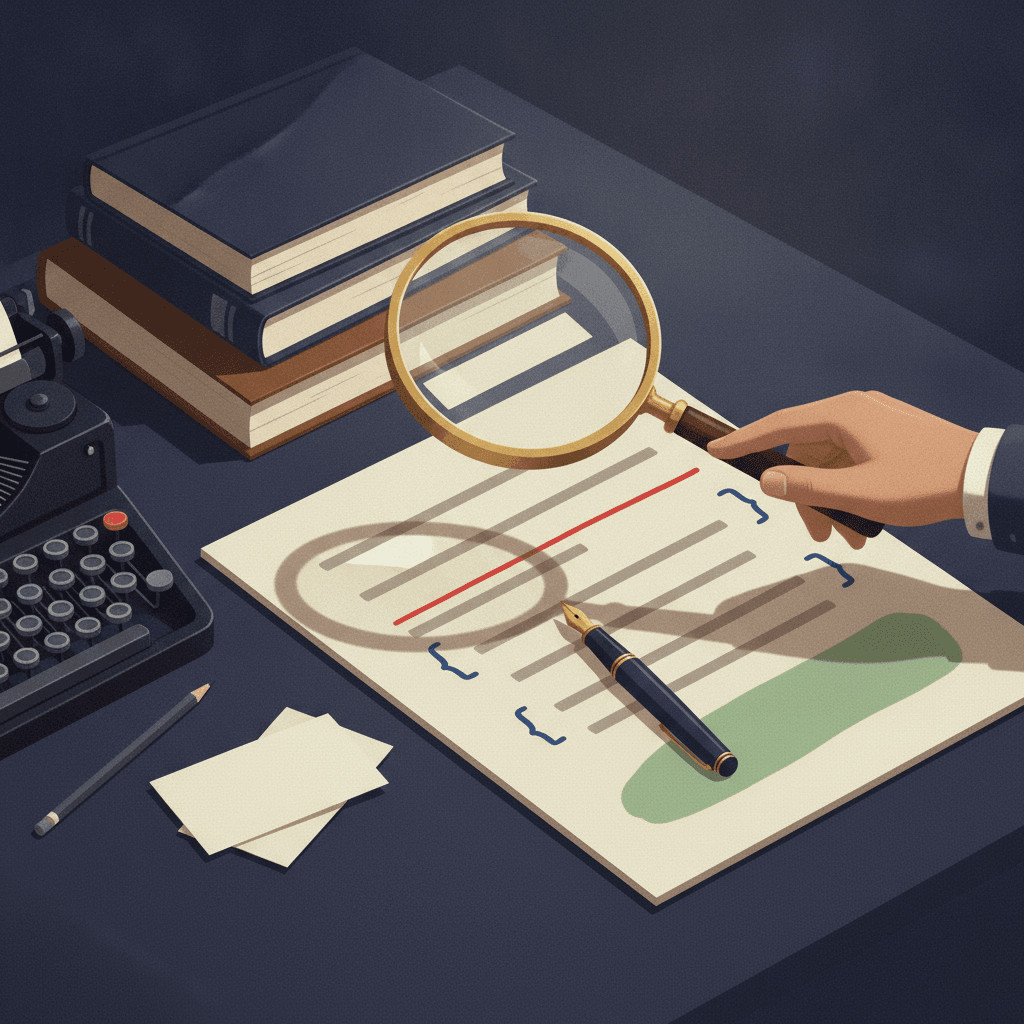 Ilustração editorial de mesa com texto impresso sem palavras visíveis, lupa destacando parágrafo e marcas coloridas indicando tese, argumentos e conclusão.