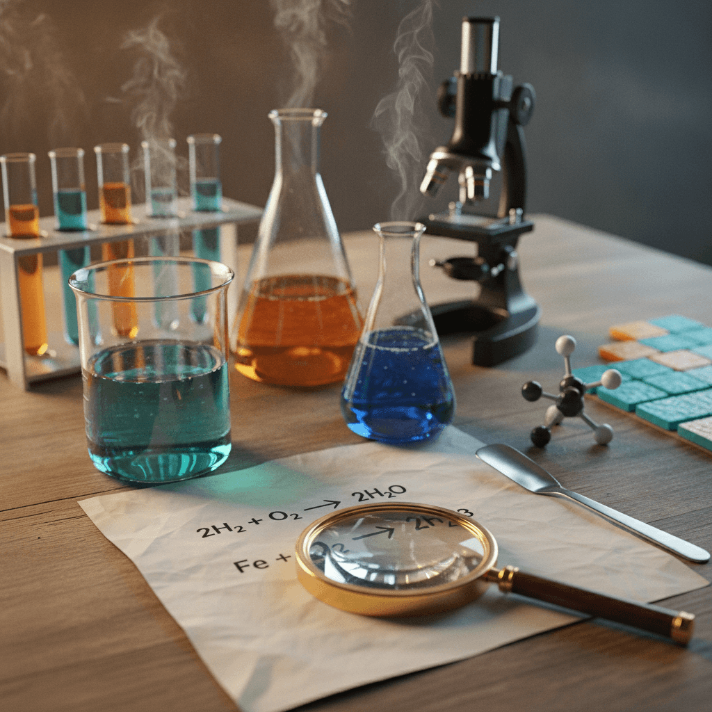 Ilustração editorial de mesa de estudo com vidrarias, modelo molecular e equações químicas visíveis.