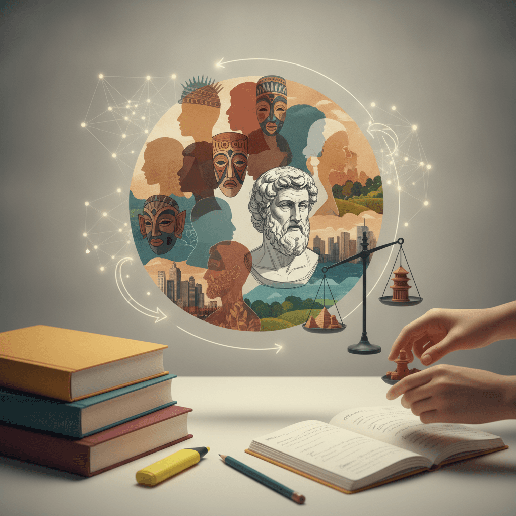 Colagem ilustrativa com máscaras, perfis diversos, livros e gráfico social representando cultura, identidade e relativismo.