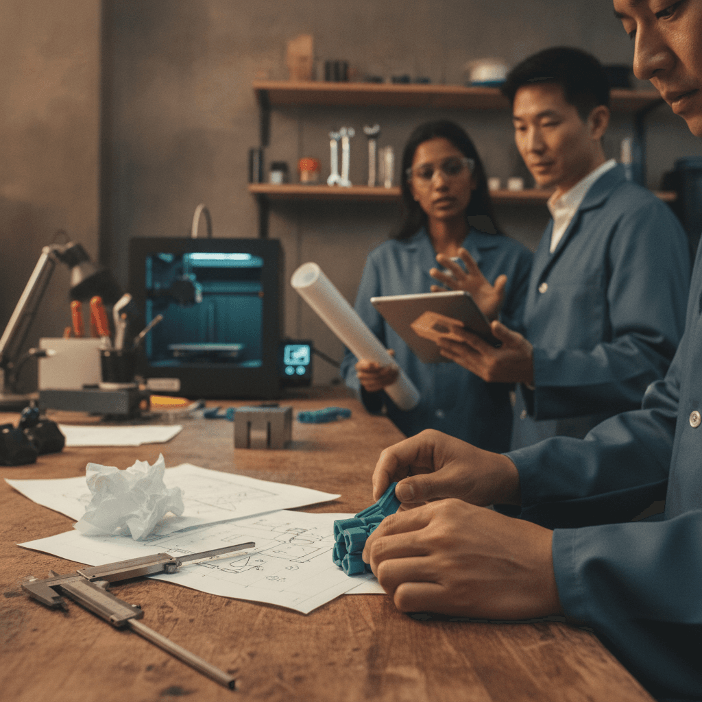 Equipe de engenharia de produto colaborando em bancada de prototipagem; mãos ajustam protótipo com calibrador, desenhos e tela CAD desfocada ao fundo.