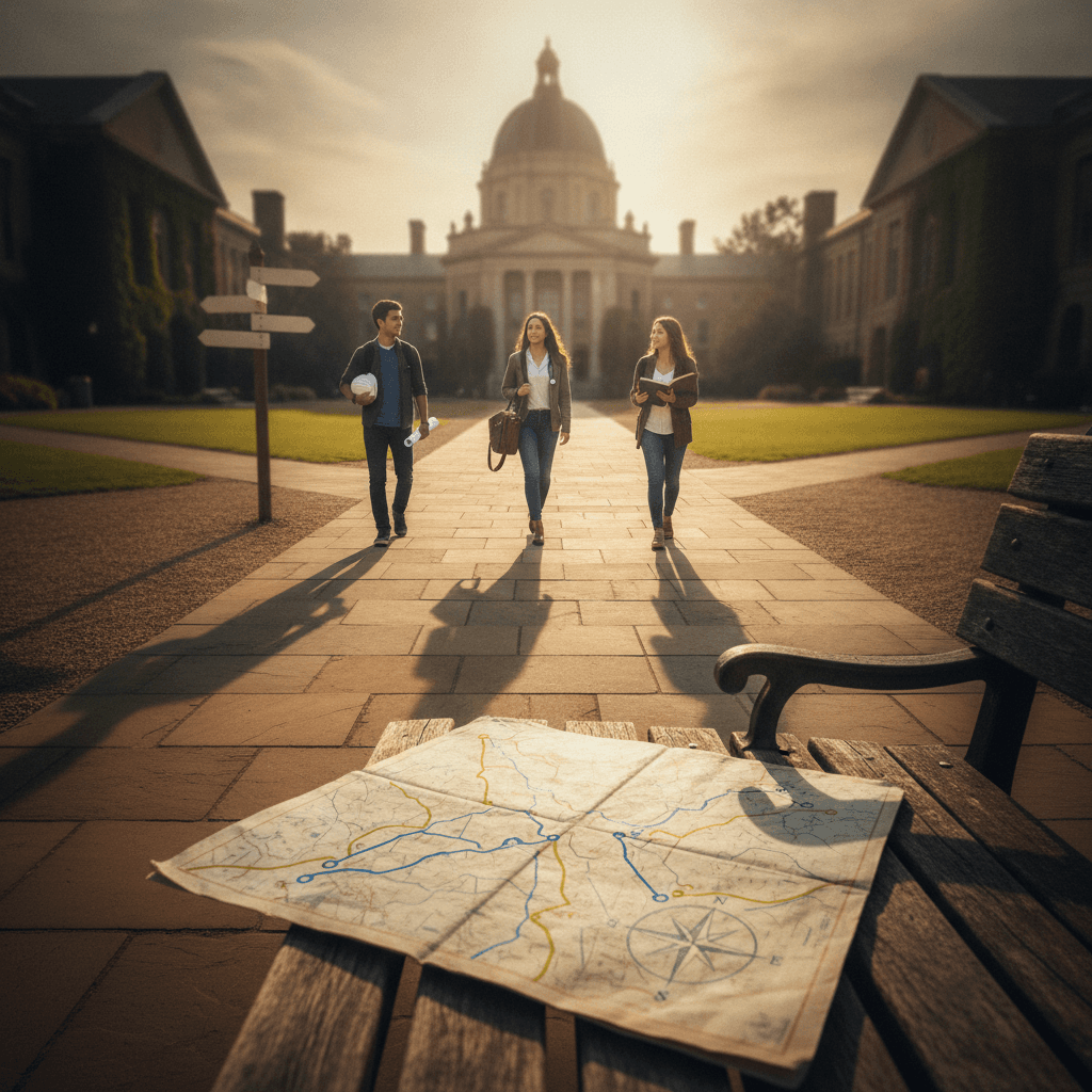 Estudantes em campus explorando um mapa com trilhas e placas sem texto, simbolizando testar caminhos na graduação.
