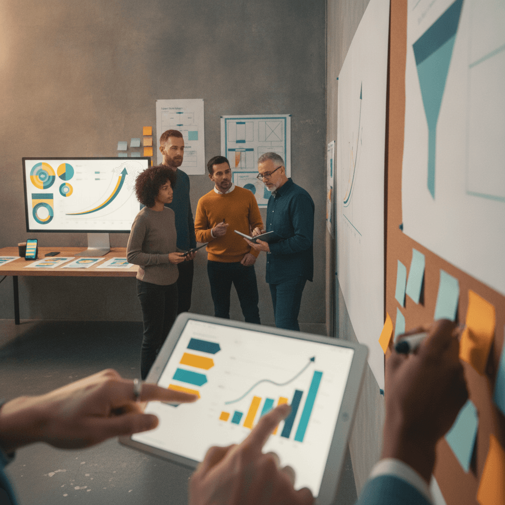 Equipe de marketing colaborando em um estúdio: mãos apontando tablets com gráficos abstratos, mural de post‑its e storyboards, mostrando análise, estratégia e narrativa em ação.
