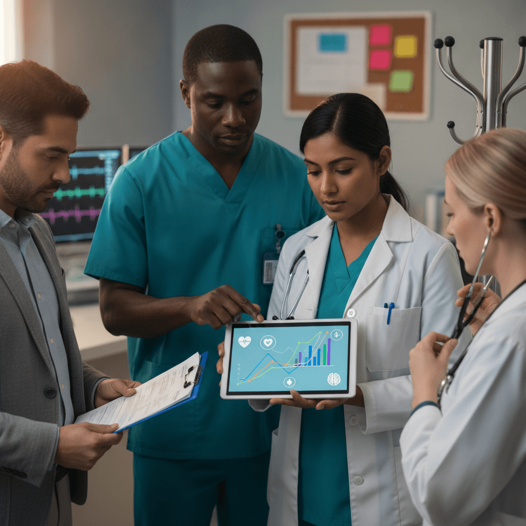 Profissionais de saúde analisando dados abstratos em tablet, em ambiente hospitalar realista.