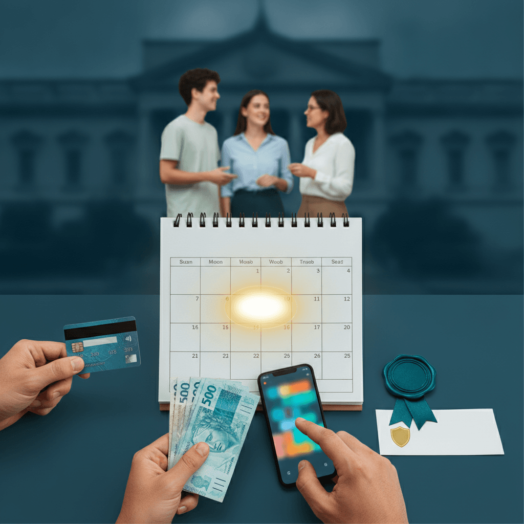 Calendário destacado com mãos segurando cartão, dinheiro e smartphone, e pessoas ao fundo representando pagamento da taxa do Enem e isenção.