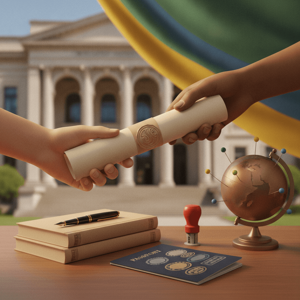 Mãos trocando um certificado do Celpe-Bras e um passaporte, com livros, globo e fachada universitária brasileira desfocada ao fundo.
